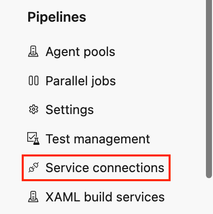 Navigate to the Pipelines section:

Click on Service Connections under the Pipelines section.

This step helps you link to Azure Services, enhancing your project's capabilities and integrations.
