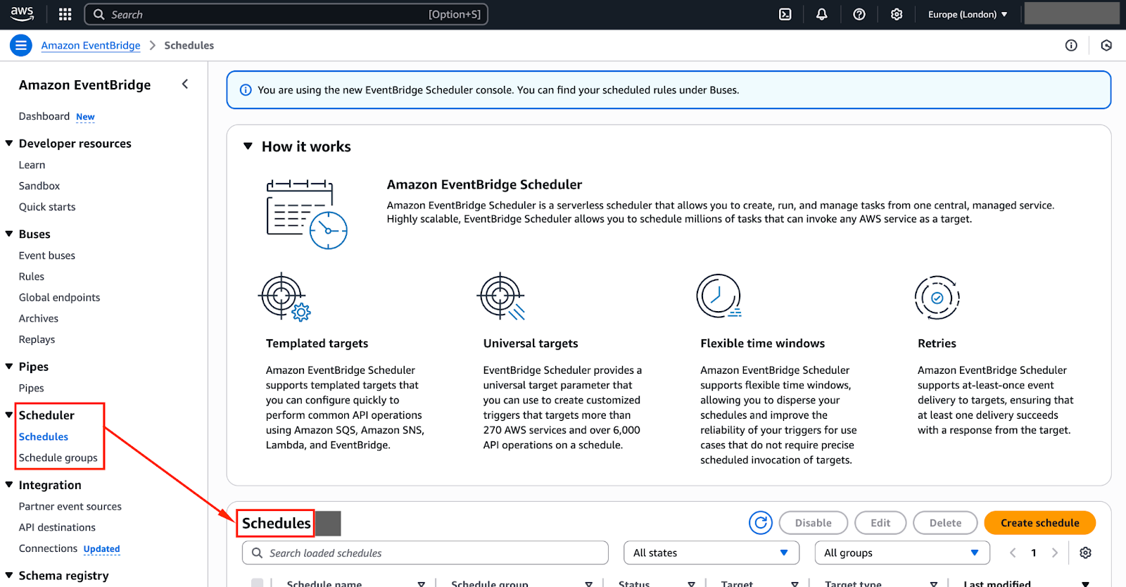 Bild mit einem Screenshot der AWS-Konsole, der den Abschnitt „EventBridge Scheduler“ zeigt.