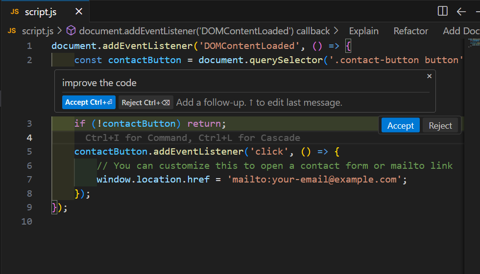 Inline-Code-Bearbeitungen mit der KI.