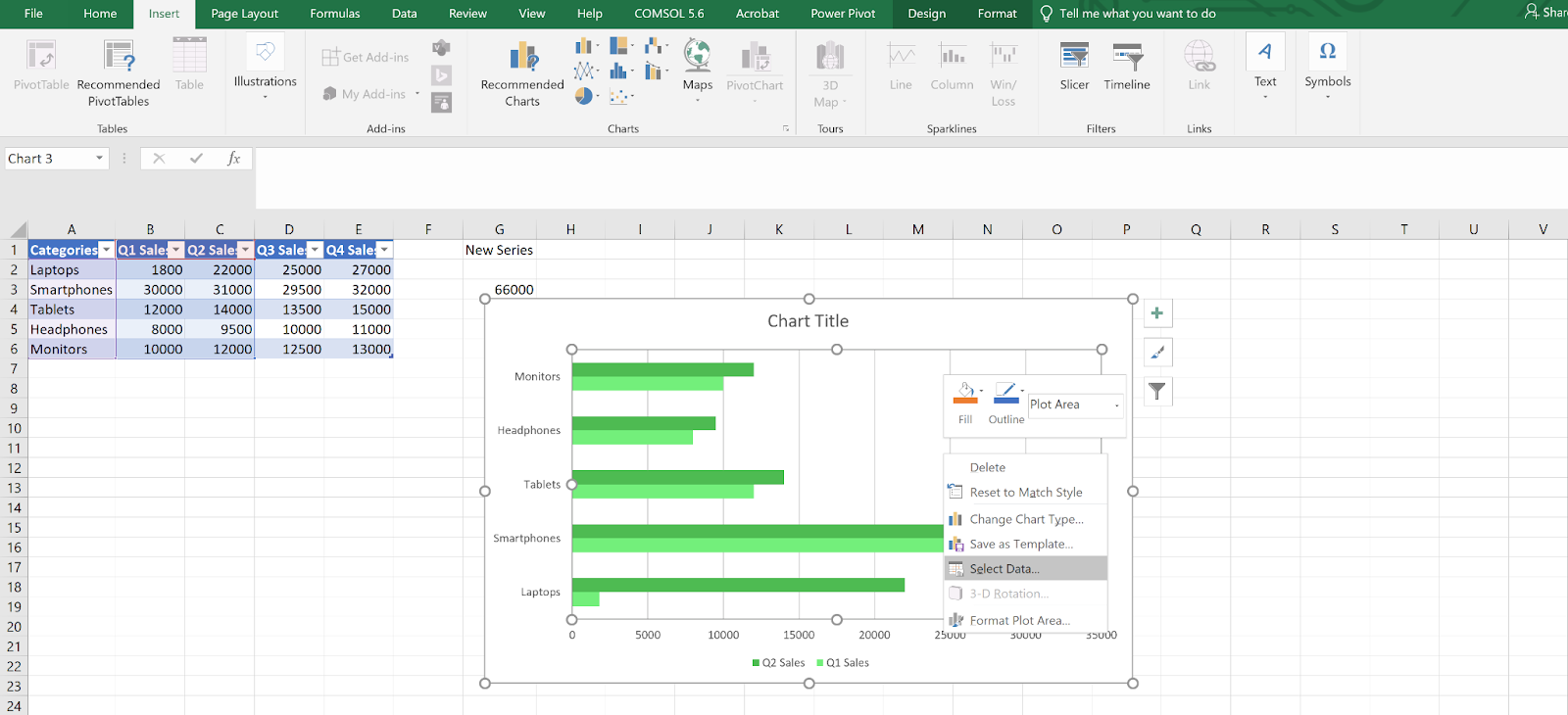 Gráfico de Excel con el cuadro de diálogo Seleccionar origen de datos abierto, que muestra la lista de series y las etiquetas del eje de categorías.