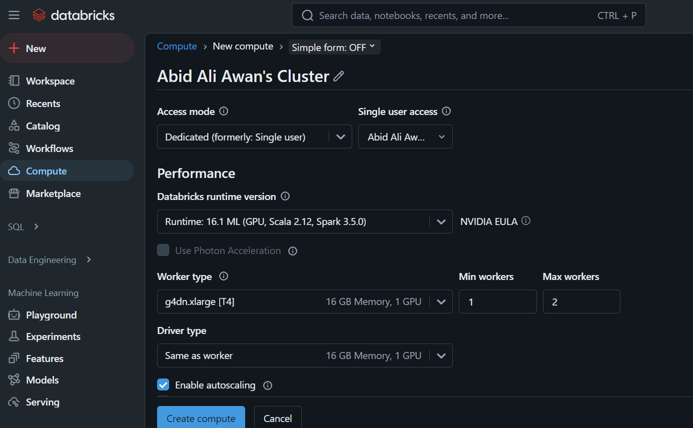 Configuração de um cluster de GPU no Databricks.