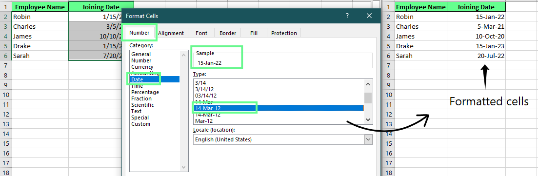 Modification du format de date à l'aide de la boîte de dialogue Format de cellule dans Excel.