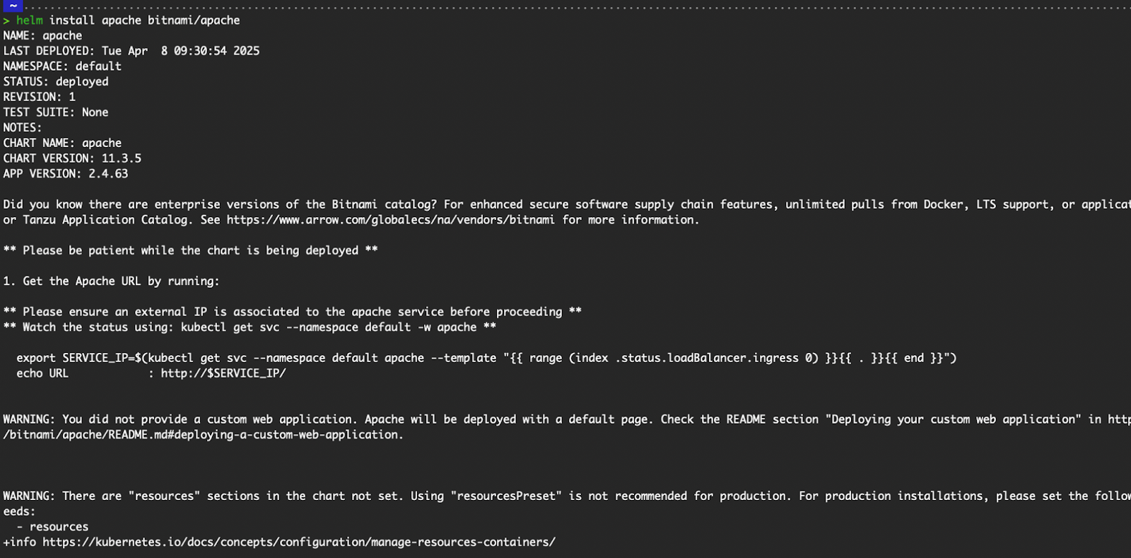 Saída do helm install apache