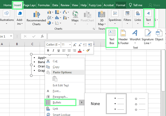 Insertar viñetas utilizando un cuadro de texto en Excel