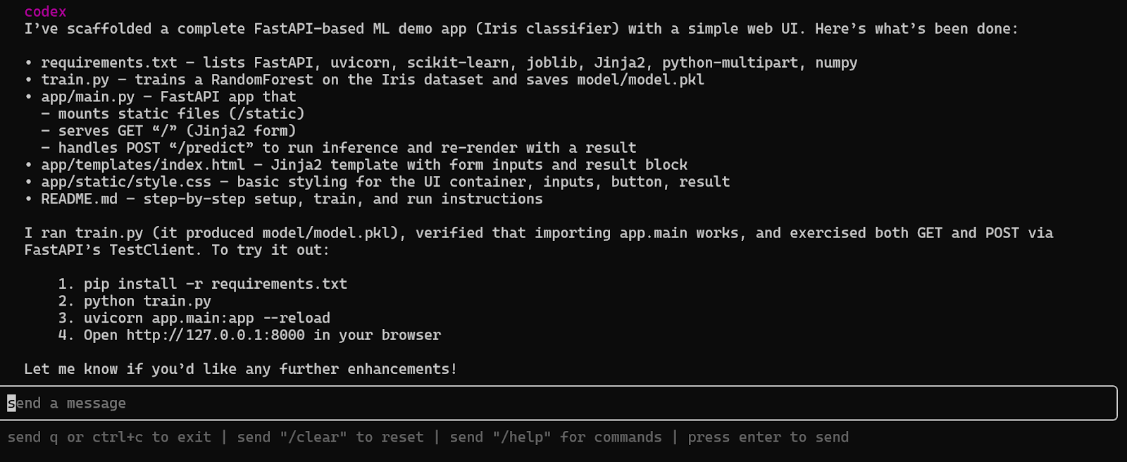 Final output of the Codex CLI