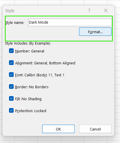 Formatar o estilo da nova célula no Excel.