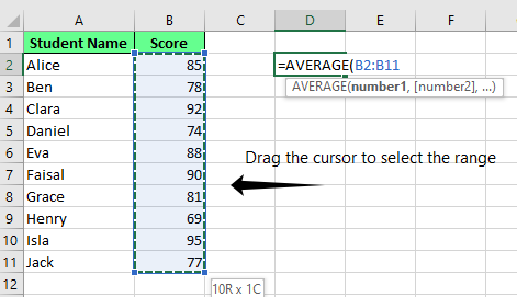 Wähle den Bereich mit der Maus aus, um Tippfehler bei Verweisen in Excel zu vermeiden.