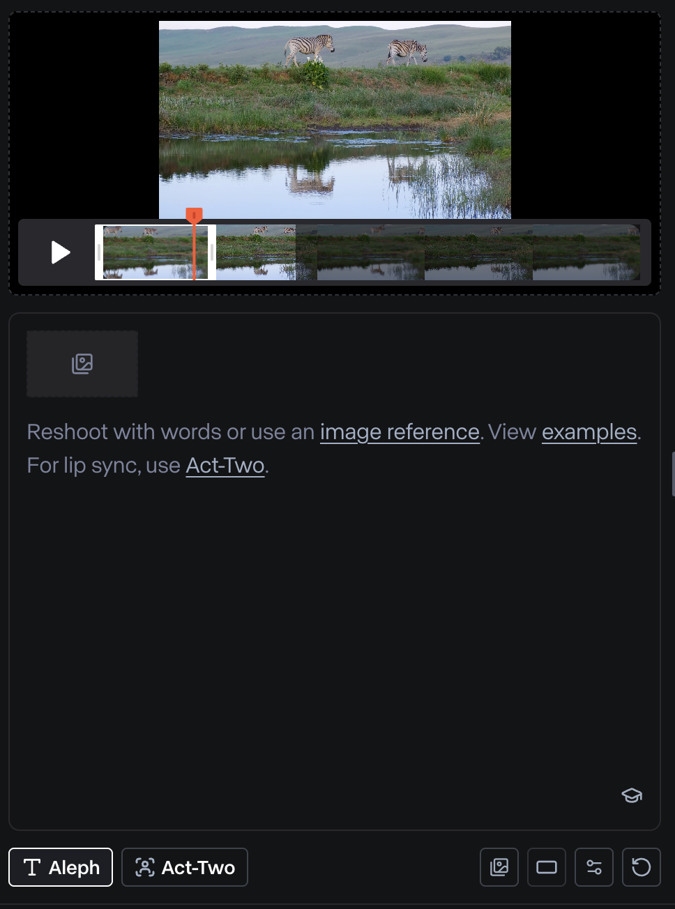 Interface de edição de vídeo mostrando um vídeo pausado de zebras perto de um corpo de água refletivo em uma paisagem gramada, com controles de reprodução e linha do tempo visíveis.