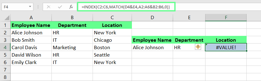#Erreur de valeur dans INDEX MATCH dans Excel.
