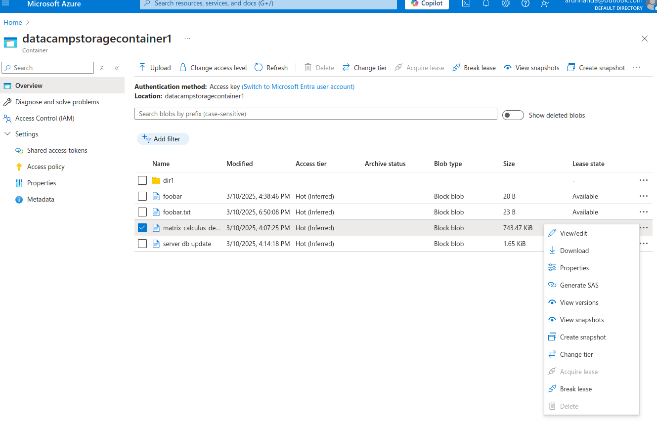 Azure Blob context menu