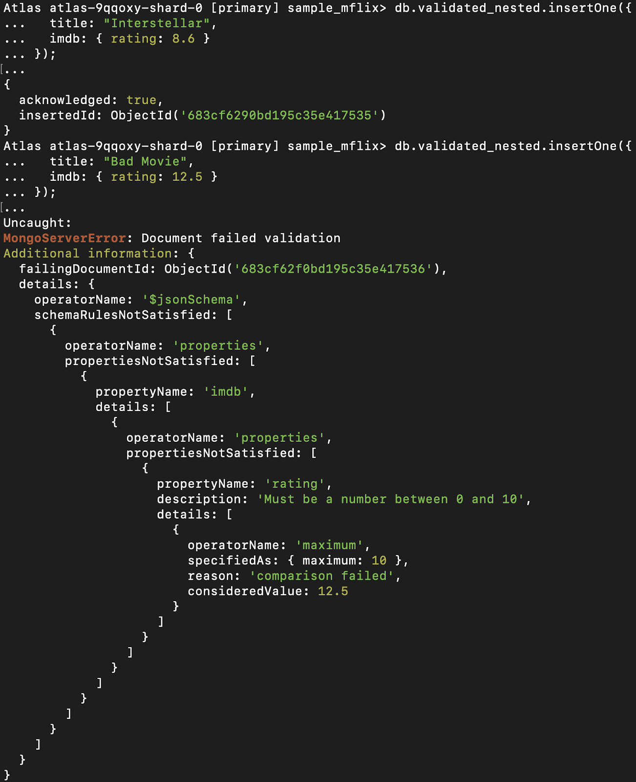 This insert operation fails because the rating field inside the nested imdb object exceeds the maximum allowed value of 10, as defined in the schema. MongoDB throws a validation error due to the violation of the $jsonSchema rule.