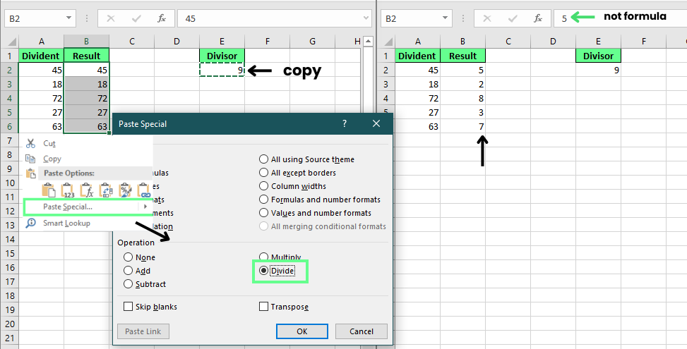Dividieren der Zahlen mit der Methode "Einfügen spezial" in Excel