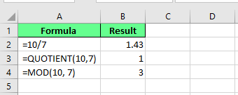 Dividieren der Zahlen mit der Funktion MOD(), um den Rest des Ergebnisses in Excel zu erhalten