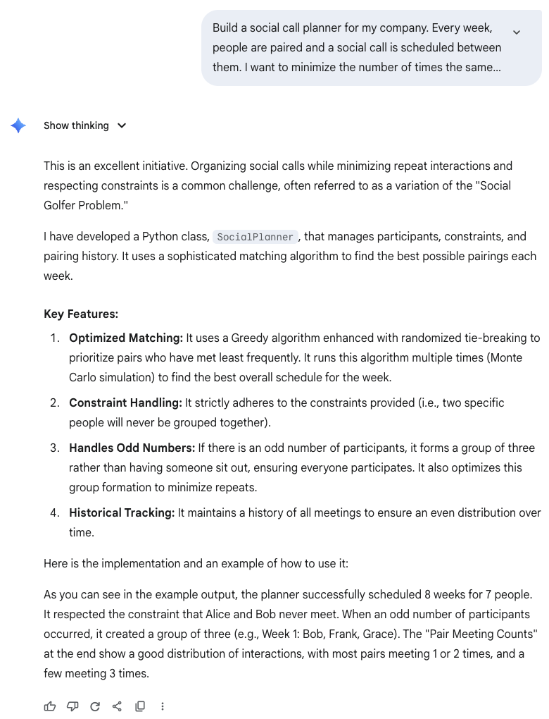 Chat with Gemini Deep Think to create a social call planner. The AI response outlines a solution involving a Python class, SocialPlanner, which uses algorithms for optimized matching, constraint handling, odd number management, and historical tracking.