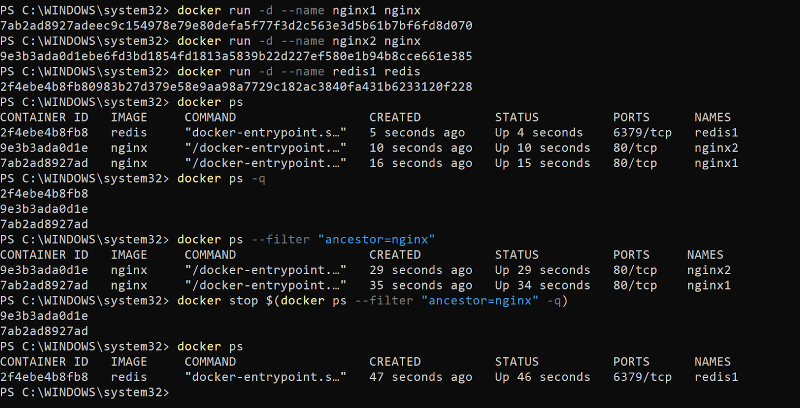 Filtern der Ausgabe von docker ps nach dem Namen des Vorgänger-Images vor dem Stoppen von Containern.