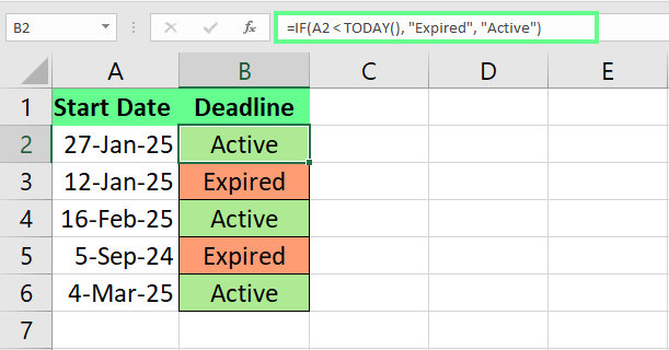 check whether the contract deadline is active or expired today or not in Excel
