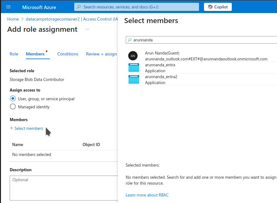 Azure Storage Add role assignment page