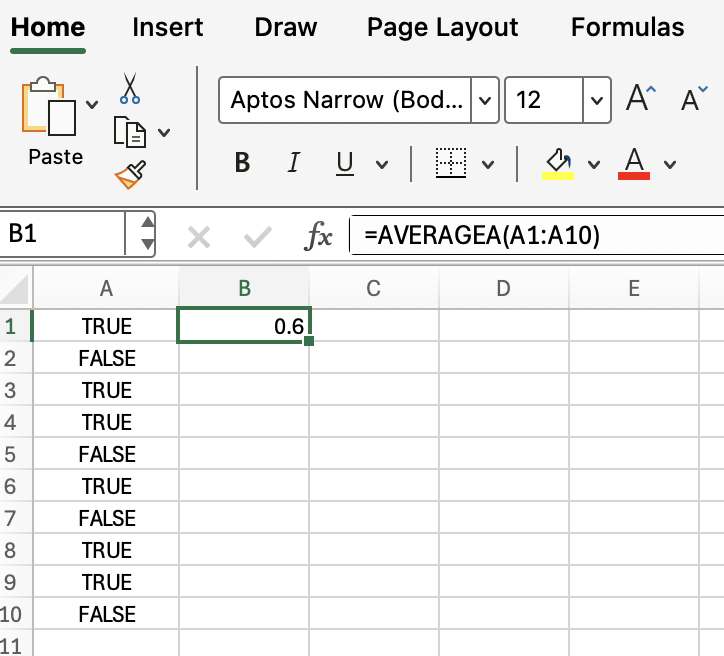 AVERAGEA function in Excel example