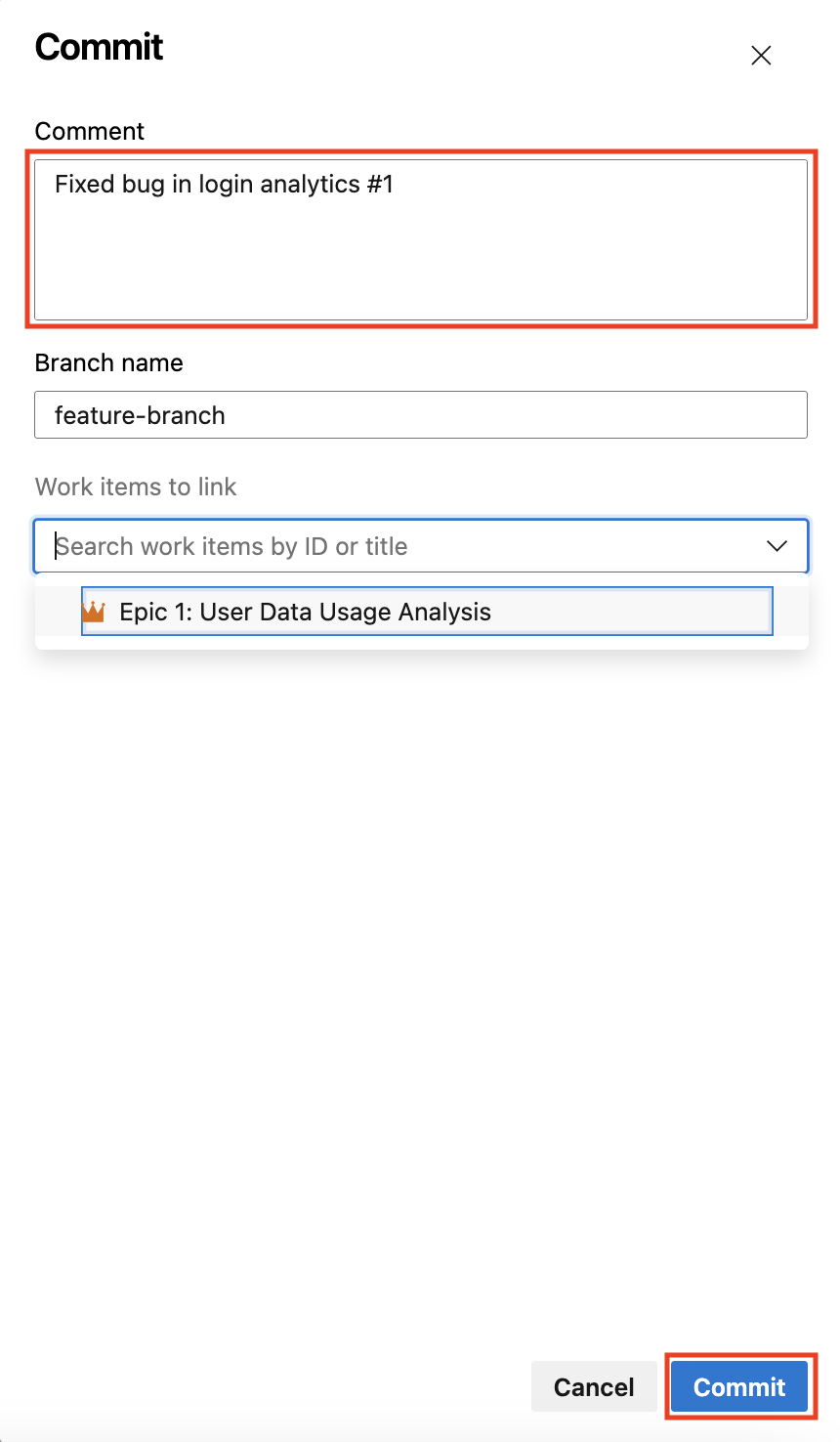 Linking work items to commits:

In your Git commit message, include the #WorkItemID (e.g., #1).

Click Commit.

Azure DevOps automatically links the commit to the work item, ensuring seamless tracking and management of your code changes.
