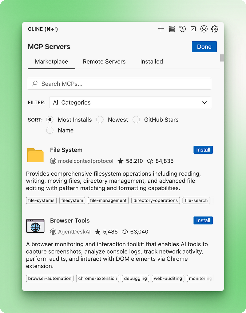 Cline's MCP marketplace interface showing a grid of available servers with filtering options and installation buttons