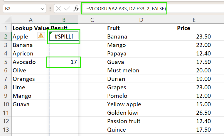 Excel #SPILL! error from VLOOKUP() function