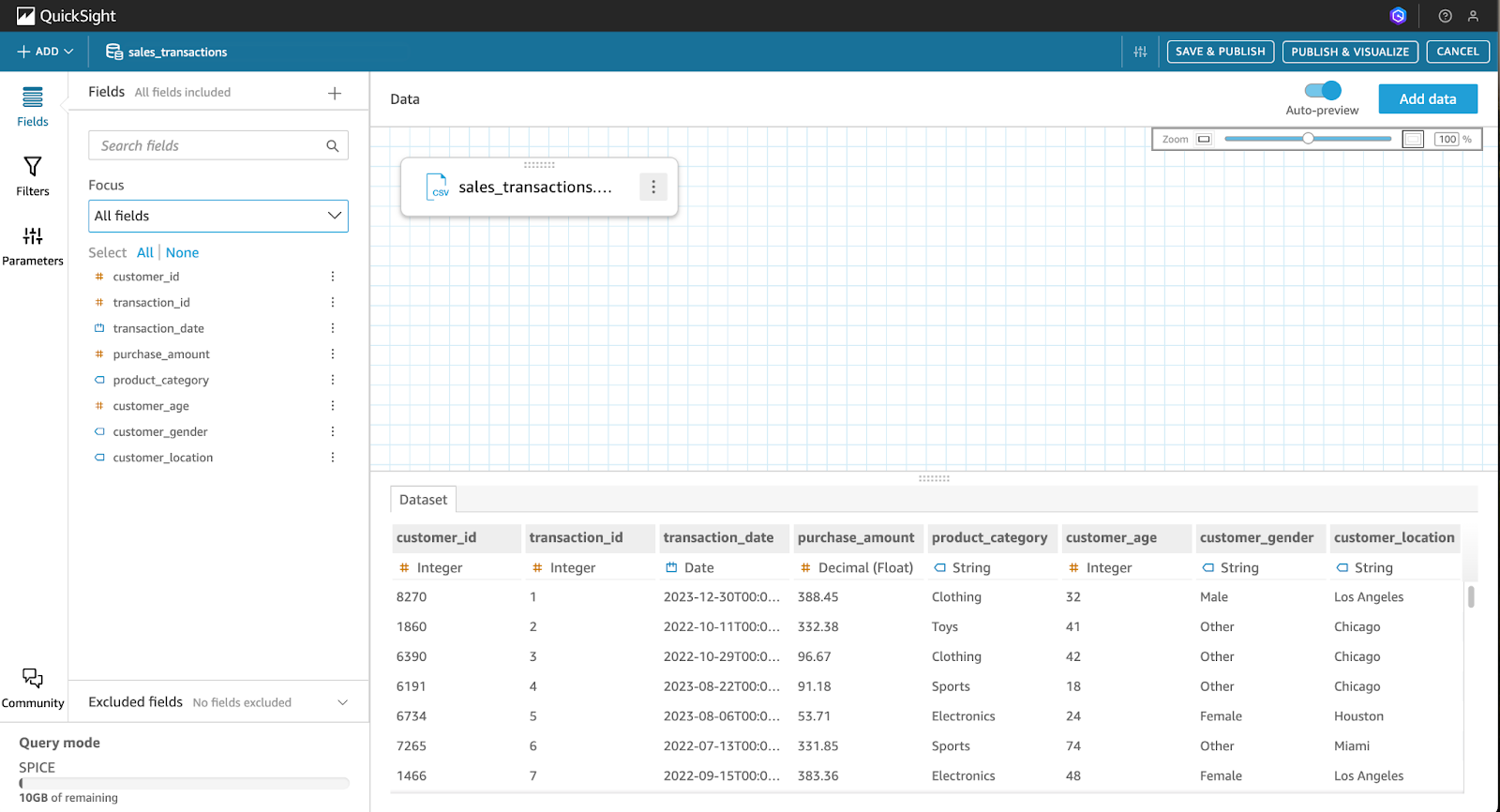 Capture d'écran de la console QuickSight montrant le processus d'importation d'un ensemble de données à partir d'un CSV (partie 02).
