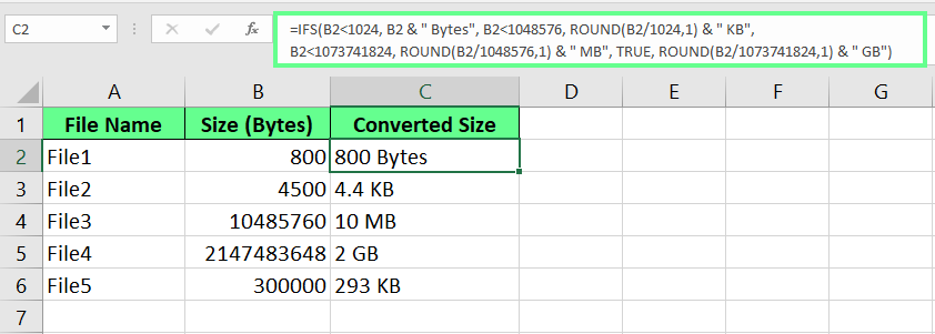 Converta o tamanho do arquivo de bytes para KB, MB, GB usando IFS() no Excel.