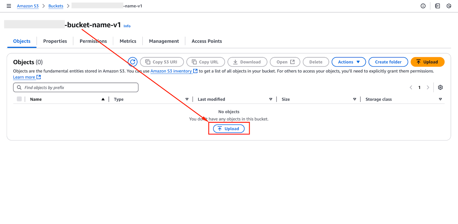 Screenshot showing the AWS S3 interface with an upload button for adding data files to an S3 bucket.