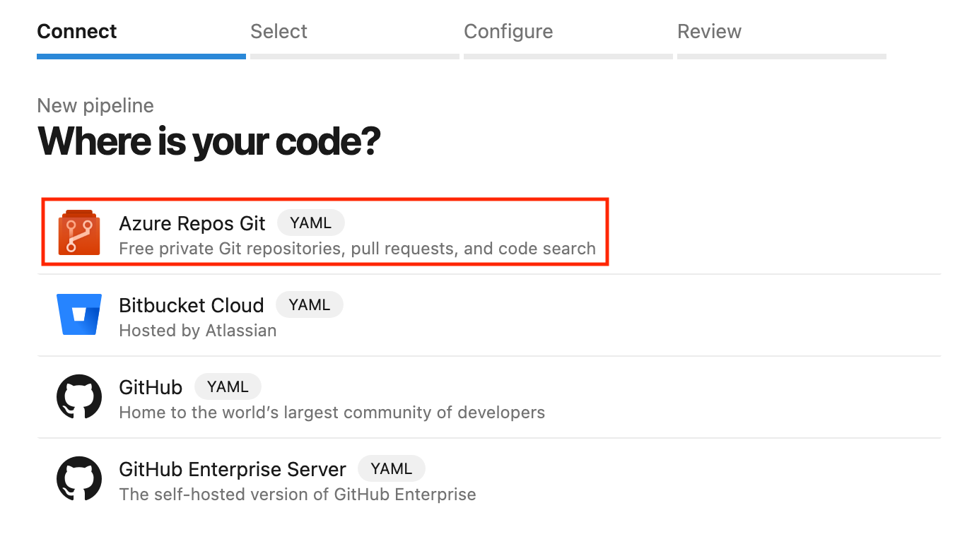 Choose a source for your pipeline:

Select Azure Repos Git as your source.

Then, choose the repository you want to work with.

This simple process ensures you connect the correct code repository to your pipeline for efficient management.
