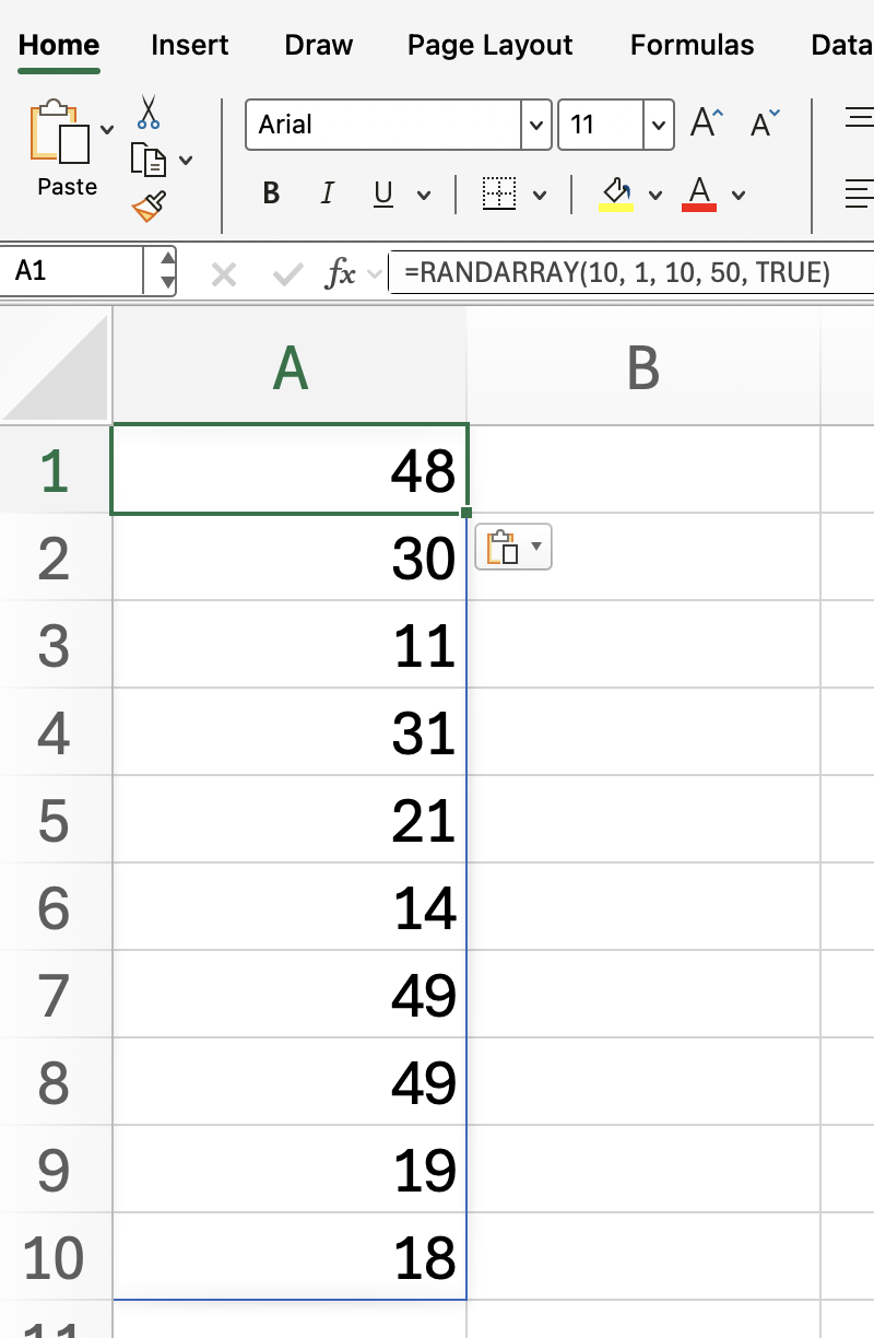 RANDARRAY()-Funktion in Excel mit ganzen Zahlen