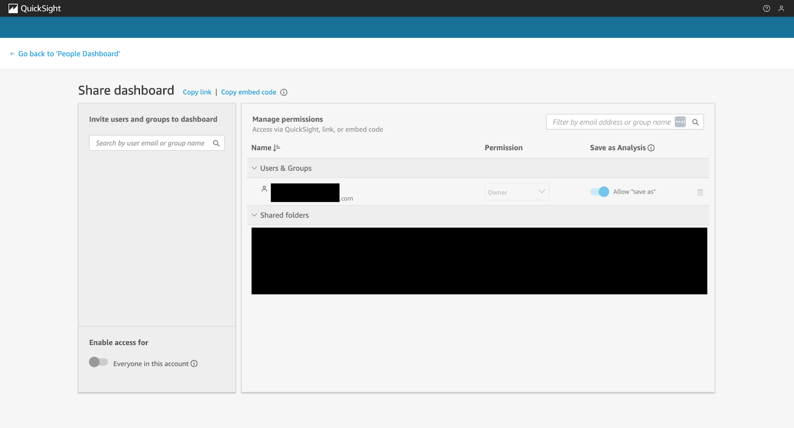 Screenshot of the QuickSight console showing the option to share a dashboard for collaboration purposes (part 02).