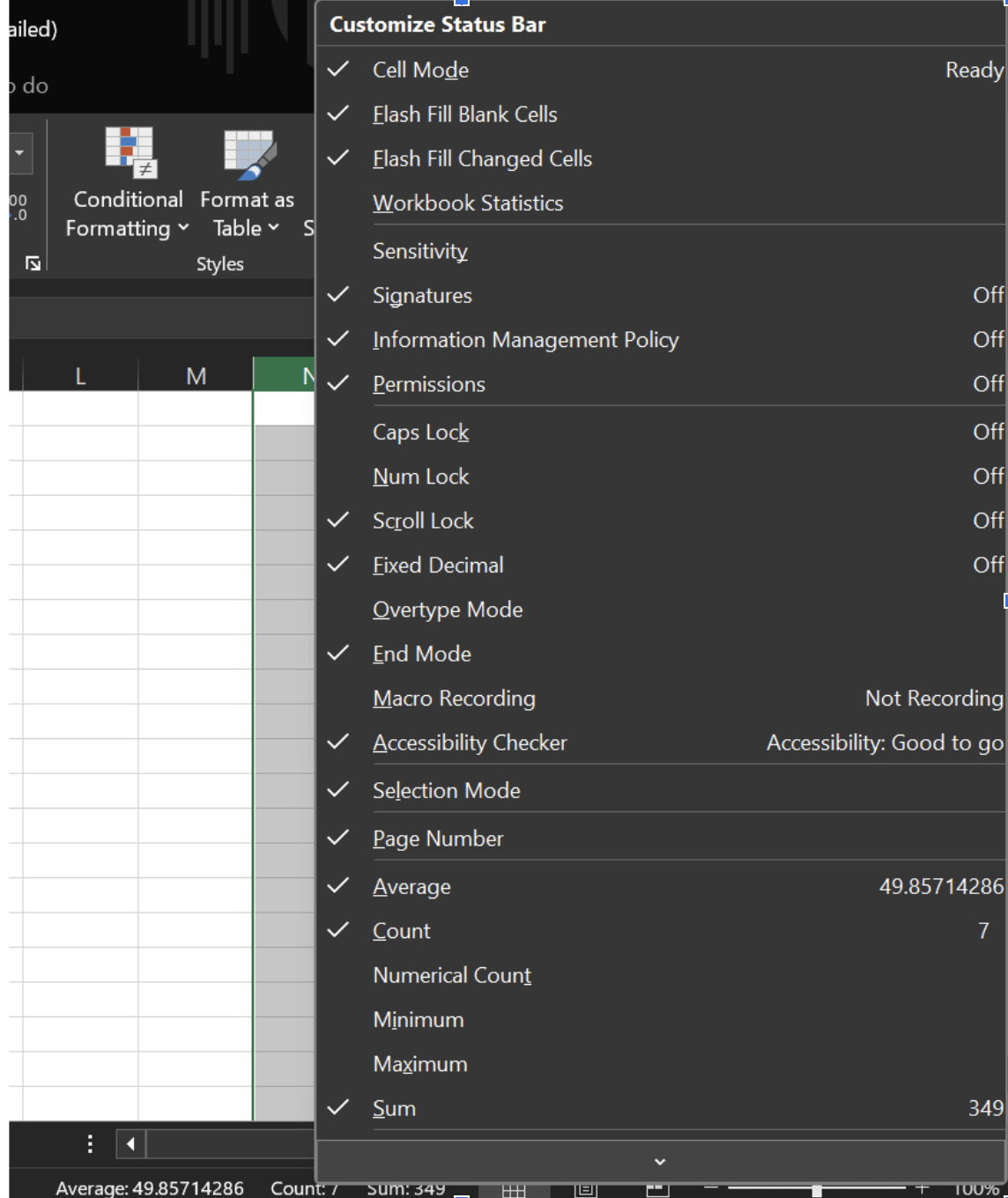 Customize Status Bar in Excel