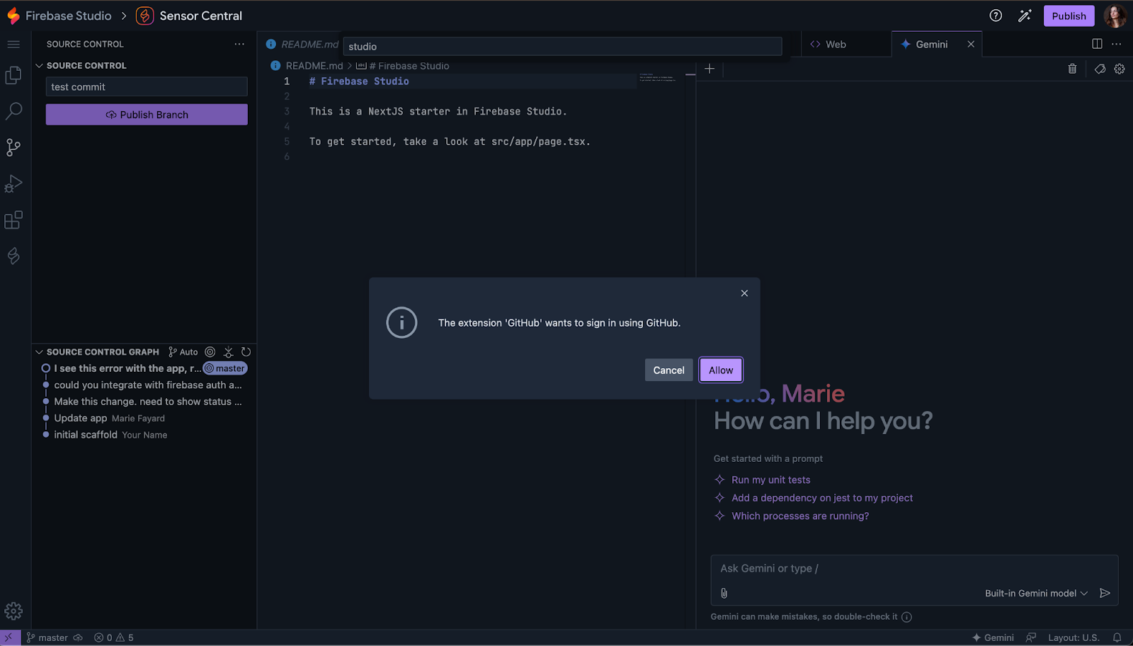 firebase studio: Error message, git not found