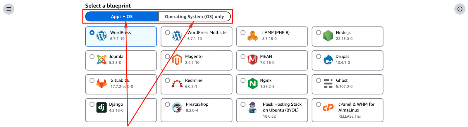Sélection du système d'exploitation et de la pile logicielle AWS Lightsail.