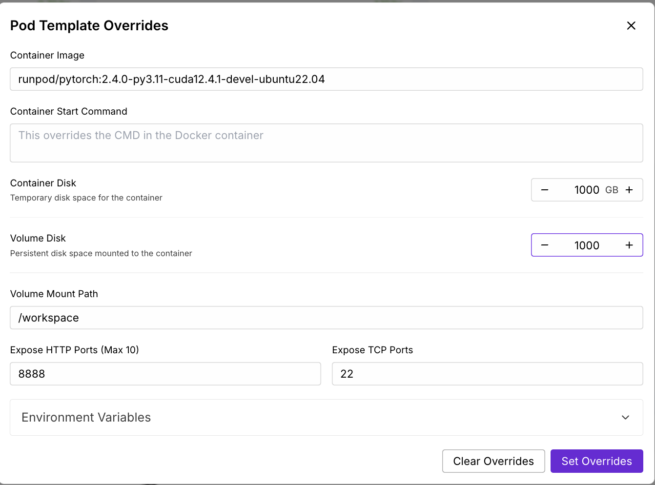 Edit Template for template overrides in RunPod for running Llama 4