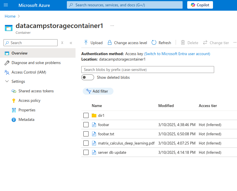 Azure Storage Containers page with list of blobs