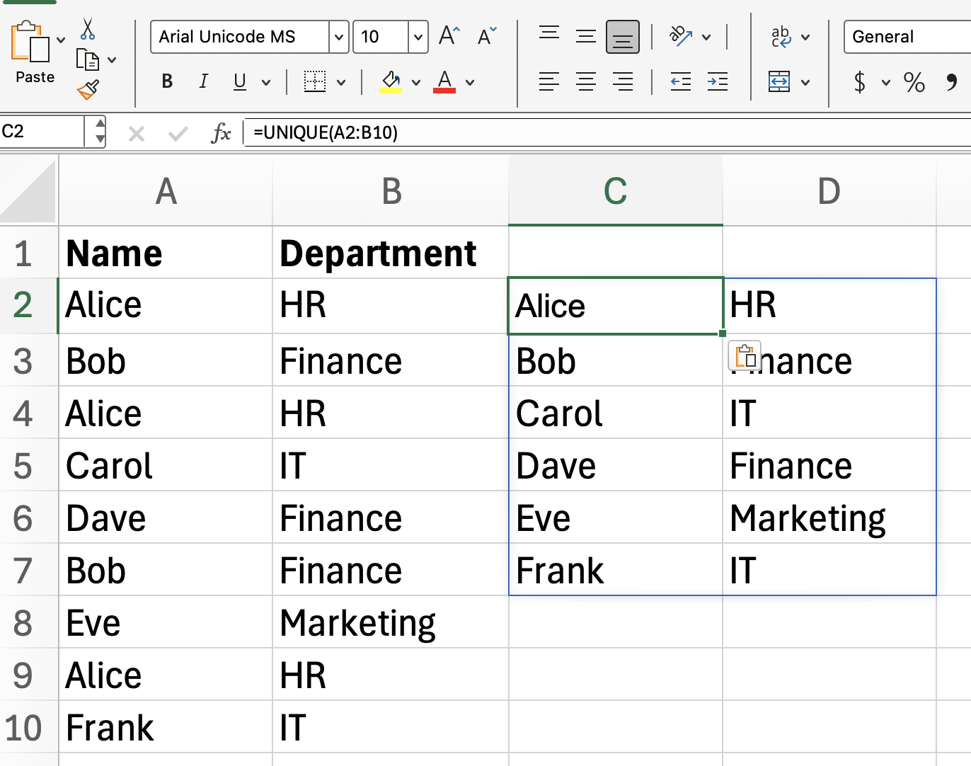 Fonction UNIQUE d'Excel avec un tableau