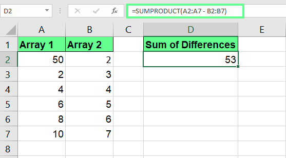 Soustraction de tableaux appariés à l'aide de la fonction SUMPRODUCT() dans Excel.