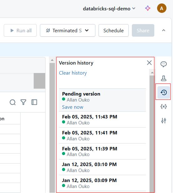 Histórico de versões no Databricks Notebook.