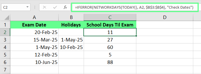 Combina IFERROR con la función NETWORKDAYS() y TODAY() para saber cuántos días faltan para los exámenes en Excel