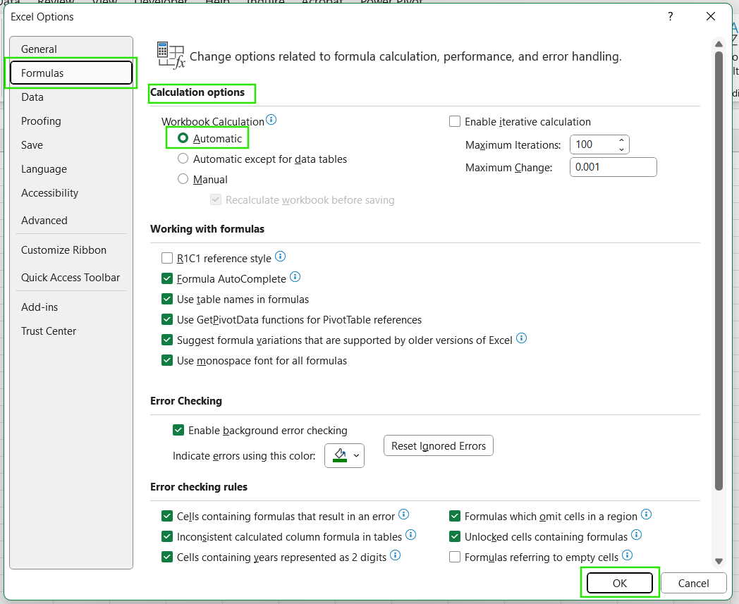 How to enable Automatic Calculation options in Excel.