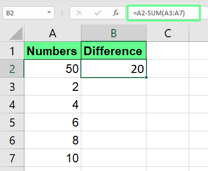 Soustraction de nombres à l'aide de la fonction SUM() dans Excel.