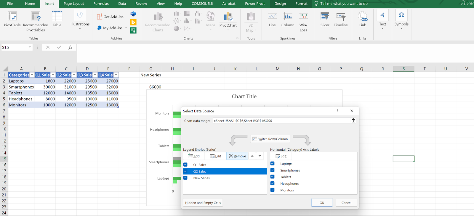 Cuadro de diálogo de Excel que muestra la selección de series con opciones para editar o eliminar.