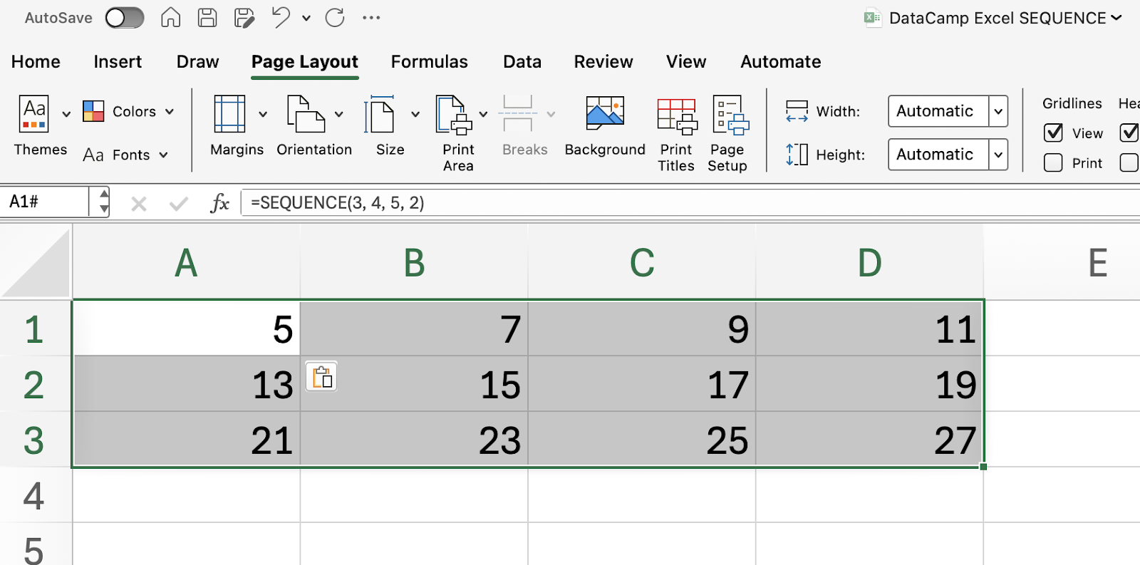 Utilizar la SECUENCIA en Excel para crear una parrilla