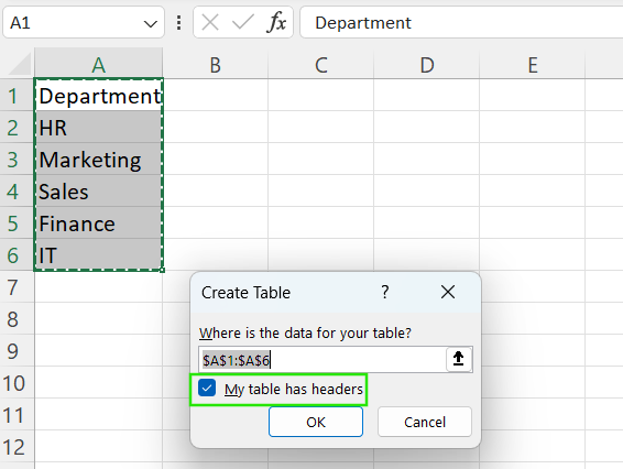 Create table in Excel
