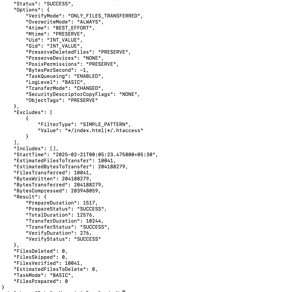AWS DataSync describe-task-execution Ausgabe, die den Status anzeigt: SUCCESS, übertragene Dateien: 10.041, übertragene Bytes: 204 MB, und Ausnahmen für .htaccess- und index.html-Dateien.