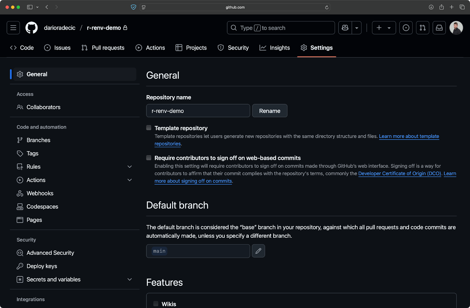 Image 1 - GitHub repo settings
