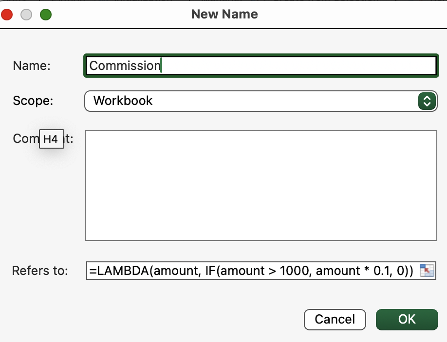 Função LAMBDA do Excel para calcular a comissão