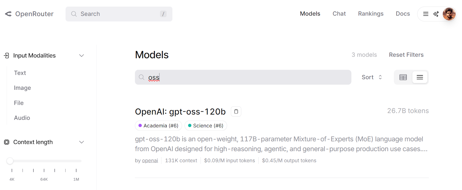 OpenRouter model search of oss