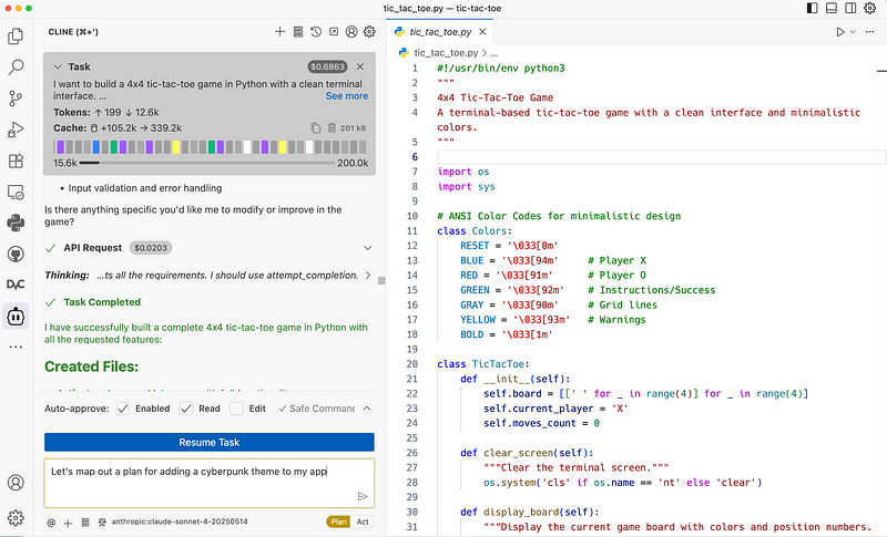 Cline IDE interface showing plan and act mode with AI assistant panel and code editor